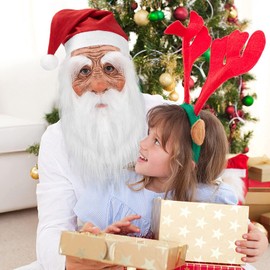 Senua Santa Claus Latex Mask, Christmas Holiday Cosplay Decoration Santa Claus Face Cover Christmas Face Mask White Beard Red Cap Realistic Latex Full Face Headgear for Adults