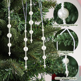 Leyndo 24 Pcs Christmas Pearl Ornament White Beads Christmas Tree Decorations Faux Pearl Hanging Ornament for Indoor Outdoor Xmas Tree Winter Home Wedding Party Decor