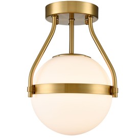 HOLKIRT Modern Ceiling Light Fixture,Mid Century Semi Flush Mount Ceiling Light,Kitchen Light Fixtures Hallway Light Fixtures Ceiling,Brass Globe Ceiling Light Bedroom with Opal Glass 7Inch/18CM
