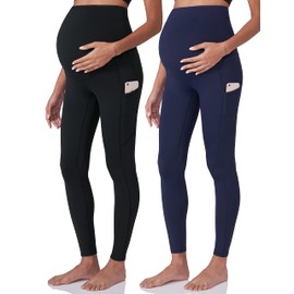 POSHDIVAH 2Pcs Women's Maternity Workout Leggings Over The Belly Pregnancy Yoga Pants with Pockets Soft Active Wear Work Pants Black Navy Medium