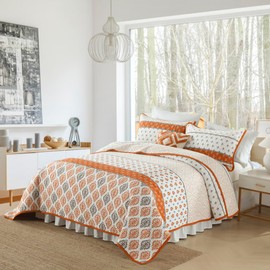 BCOTTOND Floral Quilt Set Queen Orange 100% Cotton Queen Size Quilt Bedding Set for King Bed Farmhouse Bedspread Queen Soft Lightweight Reversible Coverlet Comforter Set All Seasons 3 Pieces