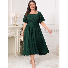 SHESTARR Women's Plus Size Summer Maxi Dress Swiss Dot Short Sleeve Square Neck Smocked A Line Flowy Boho Long Dress Emerald Green
