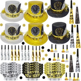 LHKSER 48pcs New Years Eve Party Supplies 2025,Happy New Year Decorations 2025 Pack include 6 New Years Top Hats,12 New Years Headband Tiara,12 Noiese Makers,Horns Fringed Blowers
