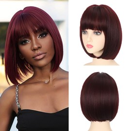 Refined Short Bob Wigs With Bangs 12 inch Straight Synthetic Cosplay Party Wig For Women Daily Use Colorful Hair Wigs (wine red, 12 Inch)
