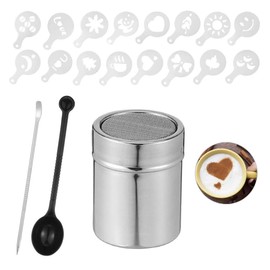 1 x Cocoa Shaker Made of Stainless Steel Stainless Steel Powder Shaker for Coffee Icing Sugar Cocoa, Flour Shaker Powdered Sugar Shaker with 16 Pieces Coffee Cappuccino Stencils, 1 Spoon and 1 Coffee