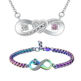 Minicremation Infinity Love Heart Bracelet & Necklace 2 Piece Set Cremation Urn Necklace for Ashes Birthstone Anniversary Valentine's Jewelry Gift for Women Gilrs (C)
