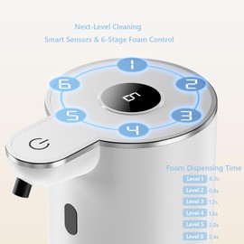 Automatic Soap Dispenser with LED (Battery% & Foam Level), 7000 Uses, 6 Foam Settings, Wall Mount/Countertop, USB-C Rechargeable, for Bathroom Kitchen, White