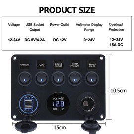 12V 5 Gang Toggle Rocker Switch Panel for Boat Waterproof ON-Off with Digital Voltmeter 4.2A USB Charger Cigarette Lighter Socket for RV Car Boat Vehicles Truck Trailer Yacht (BLUE)