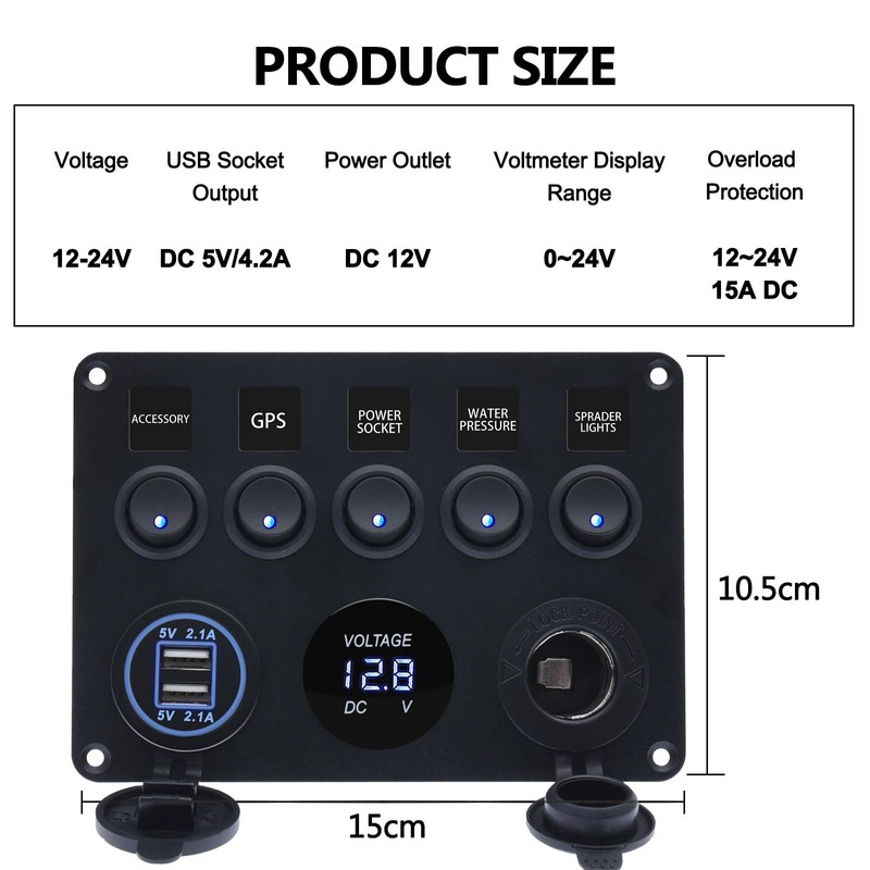 12V 5 Gang Toggle Rocker Switch Panel for Boat Waterproof