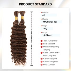 Human Braiding Hair 16 Inch 100g Chocolate Brown Deep Wave Bulk Human Hair for Braiding No Weft Curly Bundles Hair Extensions for Boho Knotless Wet and Wavy Braids (#4)