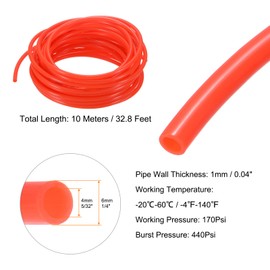 HARFINGTON Pneumatic Tubing Pipe Pu Hose 6mm OD x 4mm ID 10 Meters(32.8 FT) Air Compressor PU Polyurethane Line Hose Tube for Air Compressor Water Fluid Transfer, Red