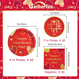 Gatherfun Valentine's Day Party Supplies Red Heart Love Disposable Paper Plates Napkins for Valentine's Day, Engagements, Anniversary, Birthday Party Serve 50