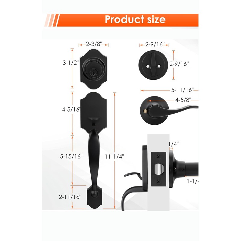 Haidms Matte Black Front Door Handle and Deadbolt Set, Front