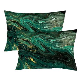 Abstract Throw Pillow Cover Queen Size Set of 2 Green and Gold Marble Lumbar Pillow Case Decorative Standard Pillow Cases with Hidden Zipper Luxury Bed Cushion Covers for Bedroom,Couch,20"x30"