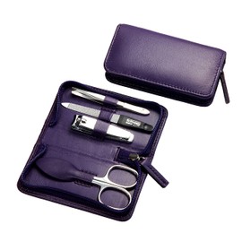 Manicure Set 4-Piece Travel Case - Nail Scissors, Nail Clippers, Nail File and Tweezers - Case Made of Genuine Nappa Lambskin Leather - Manicure and Pedicure (Purple)
