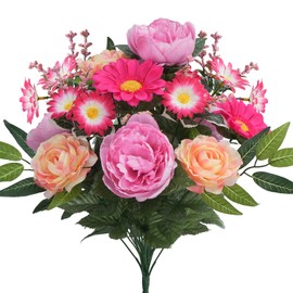 Zythrem Peonies Artificial Flowers, Silk Peony Flowers and Rose Gerbera Daisy Bouquet Faux Flower Bouquet for Table Centerpiece Wedding Home Party Decor, Cemetery Memorials Flowers, 2 Bundles
