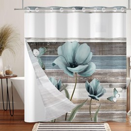 Meiguiman Rustic No Hook Shower Curtain with Snap in Liner Set Teal Daisy Flowers Farmhouse Wooden Shower Curtains for Bathroom Double Layers Hotel Style Fabric Washable 71x74 Inch