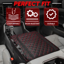 SENSHINE Center Console Armrest Cover for Toyota Tundra 2022-2025/Sequoia 2023-2025 Armrest Seat Stroage Box Cushion Lid Protector Pad with Zipper Leather Interior Accessories, Red Stitch