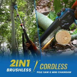 Jovant 2-in-1 Pole Saw 6 Inch Cordless Handheld Chainsaw, Battery Powered Electric Chain Saw for Tree Trimming Branch Cutting Wood Pruning 15 FT Max Reach 1 * 20V 4A Battery & Charger