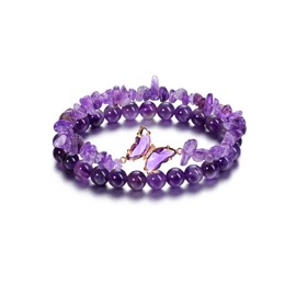 CrystalTears Amethyst Crystal Bracelets for Women Natural Amethyst Healing Crystal Gemstone Beaded Bracelet Butterfly Charms Stone Layered Bracelet Gifts Women Girls Birthday Christmas
