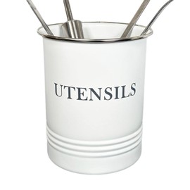 Darthome White Utensil Holder Tin Metal Grey Letters Kitchen Storage Pot Container Caddy