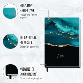 Trendstuff by Häfft A5 Squared Notebook [Shiny Teal] 124 Pages, 62 Sheets Ideal as a Diary, Bullet Journal, Idea Book, Writing Book, Climate Friendly and Sustainable