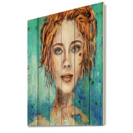 DesignQ A Woman Face With Green Eyes & Red Hair Modern & Contemporary Wood Wall Decor, Blue Wood Wall Art, Large Abstract Wood Wall Panels Printed On Natural Pine Wood Art