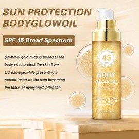 QIUFSSE Body Glow Oil,SPF 45 Broad Spectrum,Body Shimmer Oil with Gold Mica,Glitter Sunscreen with Coconut,Lightweight Non-Sticky,Water Resistant,Glowing Results,3.72 fl oz,GOLD