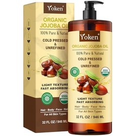 Yoken 946 Ml (Verificado Por Ewg) Aceite Portador De Jojoba 100 Puro - Sin Refinar, Sin Hexano, Prensado En Frío. Para Piel, Rostro, Cabello, Uñas Y
