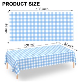 2 Pack Light Blue Gingham Tablecloth Rectangular Pale Blue and White Checkered Tablecloths Disposable Plastic Plaid Table Cover for Parties, Outdoor Picnic, Birthday, Wedding, Camping 54 × 108 Inch