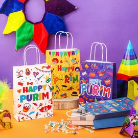 Sinload Sinload 24 Pcs Purim Gift Bag Bulk 4 Design Happy Purim Multicolored Print Gift Bags with Paper Handles, Happy Purim Reusable Gift Bags Treat Goodie Bags for Holidays