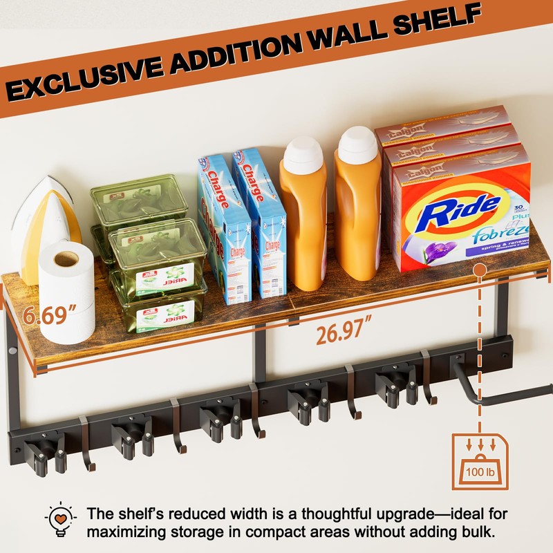 Broom Holder Wall Mount with Cleaning Supplies Organizer, Laundry Room