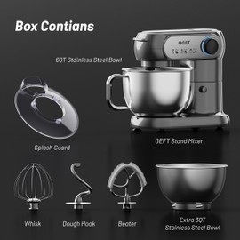 GEFT Stand Mixer, 3.5QT+6QT Two Bowls Kitchen Electric Mixer, 600W 6+P speed Tilt-Head Food Mixer with Stainless Steel Bowl, Dishwasher-Safe Dough Hook, Flat Beater, Wire Whisk, Splash Guard, Grey