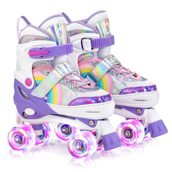 SULIFEEL Rainbow Unicorn 4 Size Adjustable Light up Roller Skates for Girls Boys for Kids Purple Small