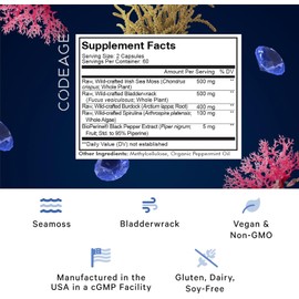Codeage Raw Wildcrafted Irish Sea Moss Supplement, Spirulina Algae, Bladderwrack Seaweed, Burdock Root, Black Pepper, Vegan, Non-GMO, 120 Capsules