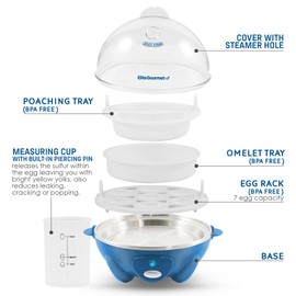 Elite Gourmet EGC700BL# Rapid Egg Cooker, 7 Easy-To-Peel, Hard, Medium, Soft Boiled Eggs, Poacher, Omelet Maker, Auto Shut-Off, Alarm, 16-Recipe Booklet, BPA-Free, Ocean