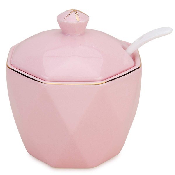 Chase Chic Sugar Bowl with Lids and Spoon, Ceramic Sugar Canister Vintage Sugar Pot with Rhombus Golden Trim for Home Kitchen, 11.8 oz/Pink