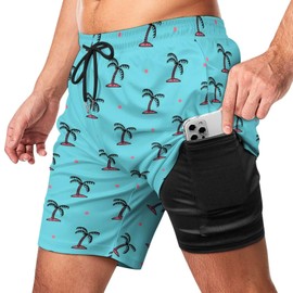 Cerburny Mens Swim Trunks with Compression Liner Men Beach Shorts Bathing Suit Quick Dry Printed Blue Coconut Palm Swimming Short with Pockets
