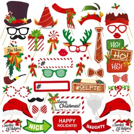 Christmas Photo Booth Props, 38 Pcs Santa Claus Hats Jingle Bells Gift Boxes Red Green Elements Set Favors for Kids Adults Selfie Picture Holiday Photo Booth Props Christmas Party Decorations Supplies