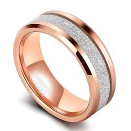 TRUMIUM 8mm Rose Gold Plated Rings for Men Women Tungsten Wedding Band Silver Sandstone Inlay Engagement Promise Rings Beveled Edges Size 7