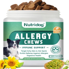 Nutridog Dog Allergy Chews 120 Count - Salmon Flavor Allergy & Itch Relief with Quercetin, 300M Probiotics | Immune Support for Itchy Skin, Hot Spots & Seasonal Allergies