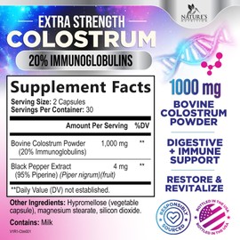 Colostrum For Women Supplement 1000mg 20% Immunoglobulins for Muscle, Skin & Hair Support - Gut Health Digestive & Immune Support - Bovine Colostrum Powder - Gluten Free & Unflavored - 60 Capsules