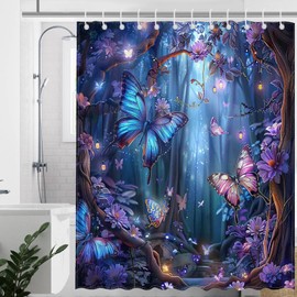Avezano Purple Butterfly Shower Curtain Enchanted Forest 3D HD Butterfly Bathroom Shower Curtain Purple Butterfly Waterproof Fabric Shower Curtain Bathtub Decor with 12 Hooks 72 X 72 Inch