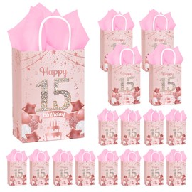 50Pcs 15th Birthday Party Favors Gift Bags Bulk, Black and Gold Happy 15th Gift Candy Wrap Bags with Tissue Paper, Vintage 15th Birthday Decorations Souvenir Bag for Men Women Anniversary Supplies (15th)