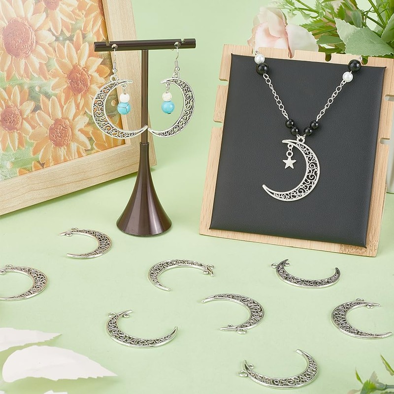 SUNNYCLUE 1 Box 50Pcs Moon Connector Charms Silver Crescent Moon