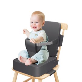 Toddler Booster Seat for Dining Chair, 10cm PU Waterproof Easy Cleaning Kids Booster Seat, with Backrest, Adjustable Seat Belts and Non-Slip Bottom for Kids Child (Grey)