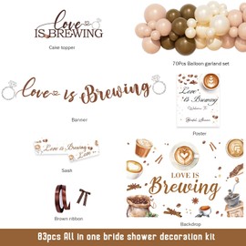 Costova Love Is Brewing Bridal Shower Decorations – 83 PCs Tini Bit Older Party Supplies with Balloon Garland Arch, Cake Topper, Banner, Backdrop, Brown Ribbon Sash, Poster