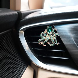 ORIESSE Bling Women Car Accessories,2pcs Cute Octopus Car Air Freshener Vent Clips,Green Rhinestone Marine Animal Beach Theme Car Decor,Ocean Car Accessories,Refillable Car Outlet Diffuser