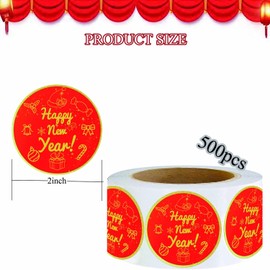 500 Pcs Golden Happy New Year Stickers 2 inch Congratulation Stickers for Greeting Card Holiday Party Decoration