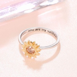 Rings for Girls Sunflower Ring Stackable Flower Ring 925 Sterling Silver Ring Summer Gift for Women Girls Engraving "You are My Sunshine" Gift for Her, Silver